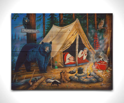 A painting of two people at a campsite. Bears, raccoons, skunks, and owls have all made their way into the camp, to the horror of the campers. Printed on a wood pallet.