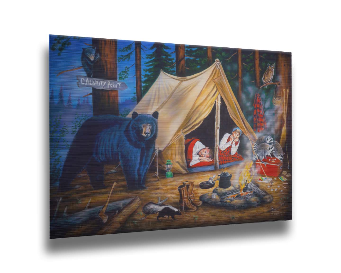 A painting of two people at a campsite. Bears, raccoons, skunks, and owls have all made their way into the camp, to the horror of the campers. Printed on metal.