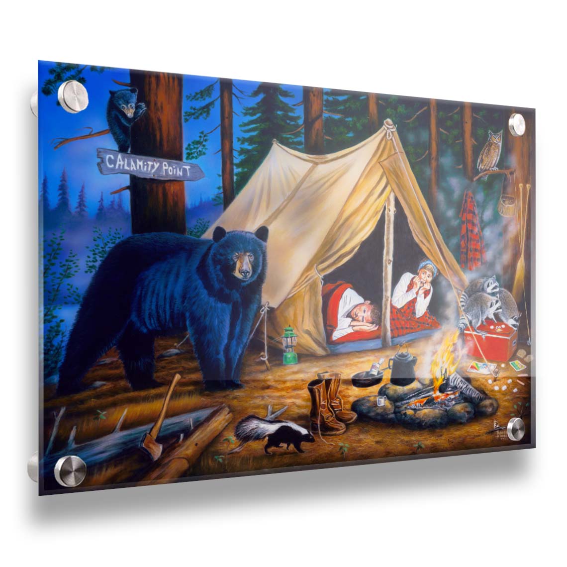 A painting of two people at a campsite. Bears, raccoons, skunks, and owls have all made their way into the camp, to the horror of the campers. Printed on acrylic.