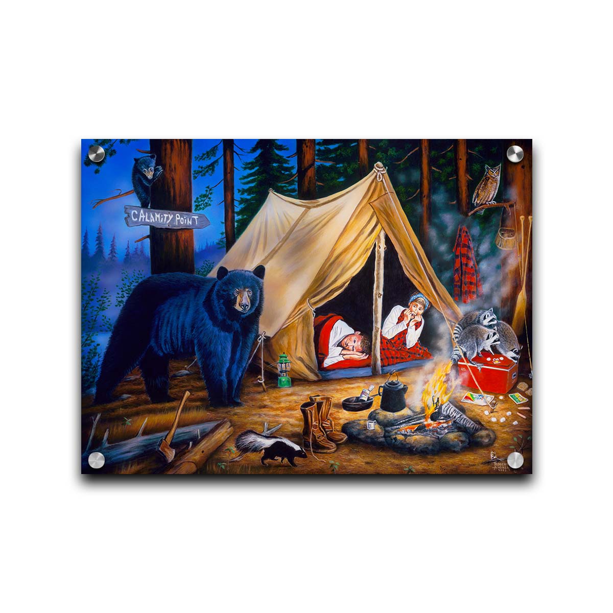 A painting of two people at a campsite. Bears, raccoons, skunks, and owls have all made their way into the camp, to the horror of the campers. Printed on acrylic.