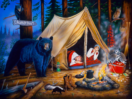 A painting of two people at a campsite. Bears, raccoons, skunks, and owls have all made their way into the camp, to the horror of the campers