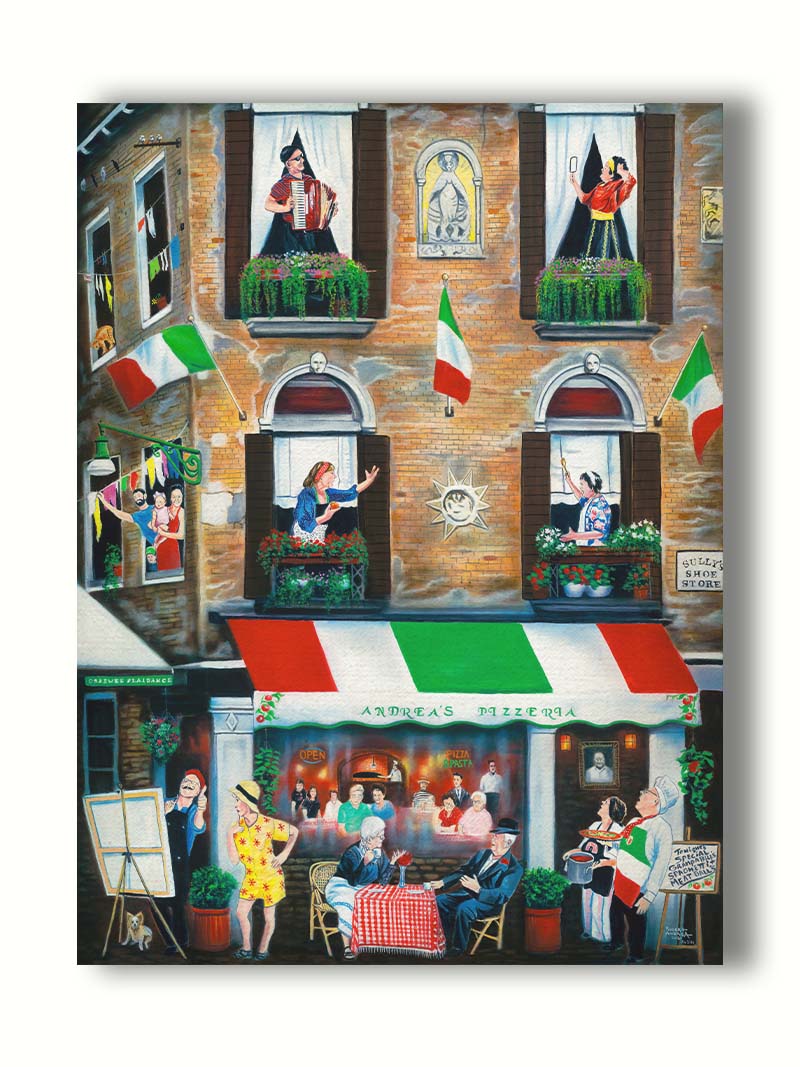 A painting of an Italian building. The bottom floor features a restaurant called "Andrea's Pizzeria," while the above two floors are apartments. The inhabitants greet each other from their balconies. Printed on canvas.