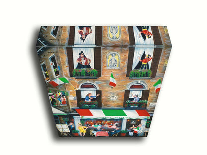 A painting of an Italian building. The bottom floor features a restaurant called "Andrea's Pizzeria," while the above two floors are apartments. The inhabitants greet each other from their balconies. Printed on canvas.