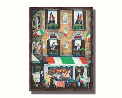 A painting of an Italian building. The bottom floor features a restaurant called "Andrea's Pizzeria," while the above two floors are apartments. The inhabitants greet each other from their balconies. Printed on canvas in a float frame.