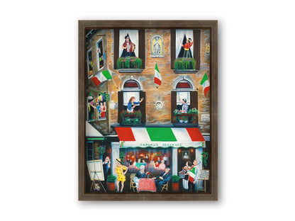 A painting of an Italian building. The bottom floor features a restaurant called "Andrea's Pizzeria," while the above two floors are apartments. The inhabitants greet each other from their balconies. Printed on canvas and framed.