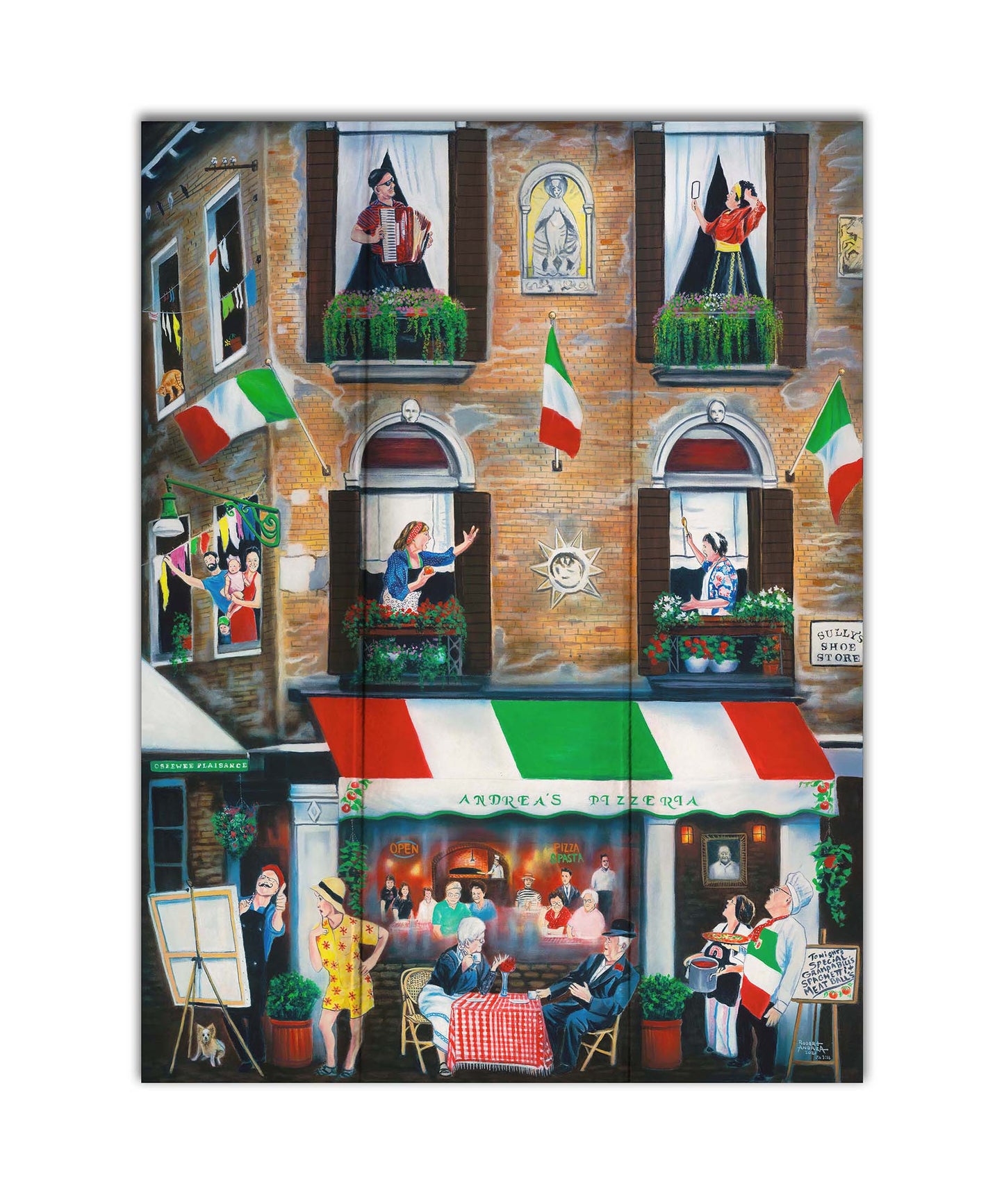 A painting of an Italian building. The bottom floor features a restaurant called "Andrea's Pizzeria," while the above two floors are apartments. The inhabitants greet each other from their balconies. Printed on a box board.