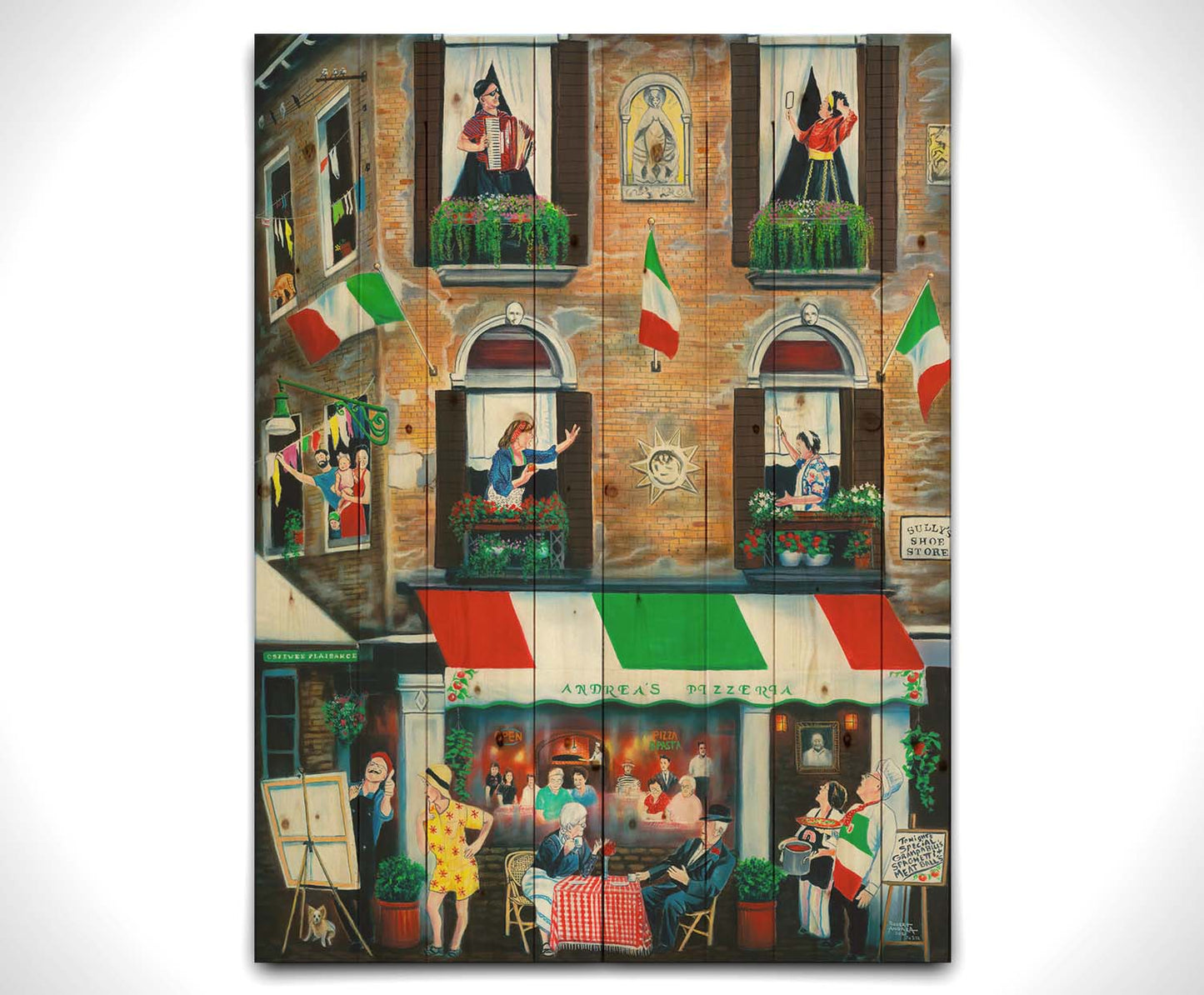 A painting of an Italian building. The bottom floor features a restaurant called "Andrea's Pizzeria," while the above two floors are apartments. The inhabitants greet each other from their balconies. Printed on a wood pallet.