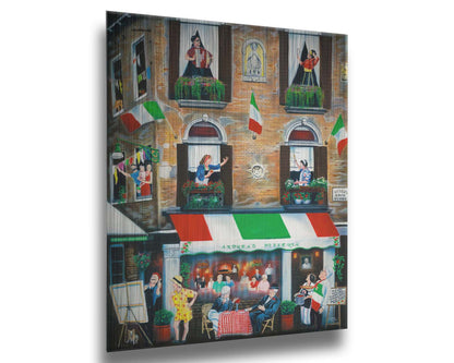 A painting of an Italian building. The bottom floor features a restaurant called "Andrea's Pizzeria," while the above two floors are apartments. The inhabitants greet each other from their balconies. Printed on metal.