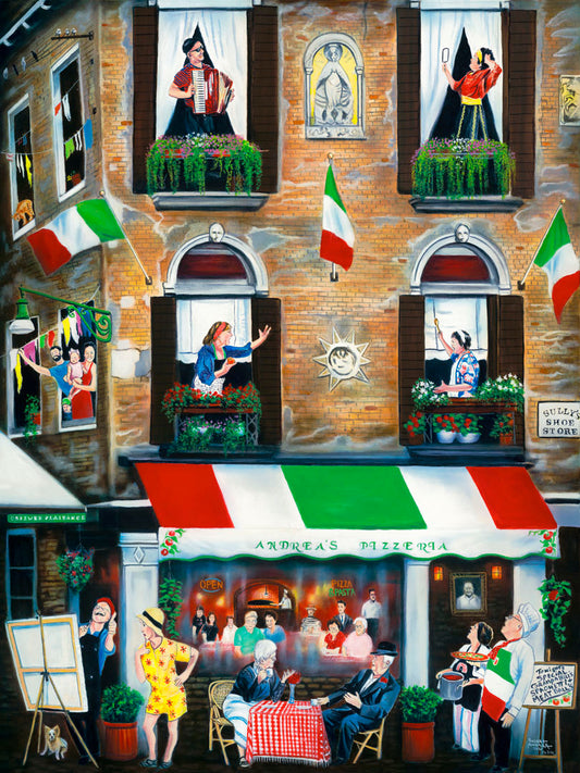 A painting of an Italian building. The bottom floor features a restaurant called "Andrea's Pizzeria," while the above two floors are apartments. The inhabitants greet each other from their balconies.