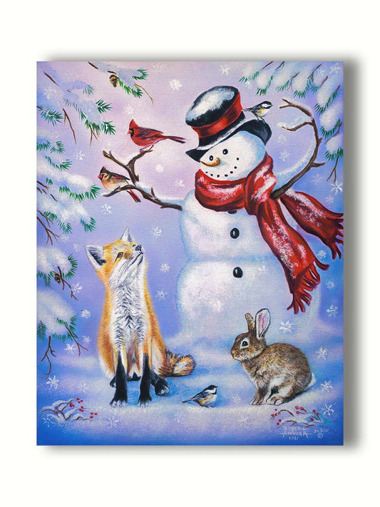 A painting of a snowman, a fox, a rabbit, and a few birds all gathered together, sitting in the snow. Printed on canvas.