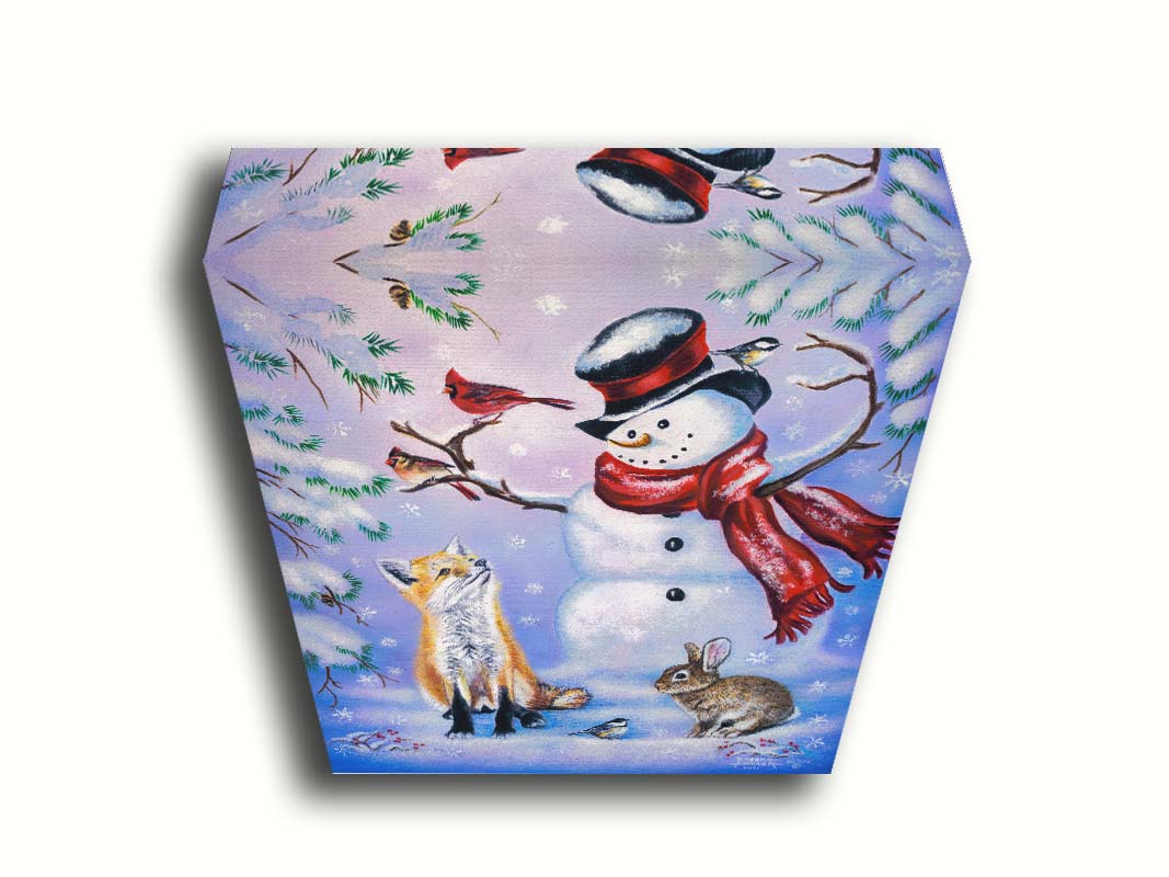 A painting of a snowman, a fox, a rabbit, and a few birds all gathered together, sitting in the snow. Printed on canvas.