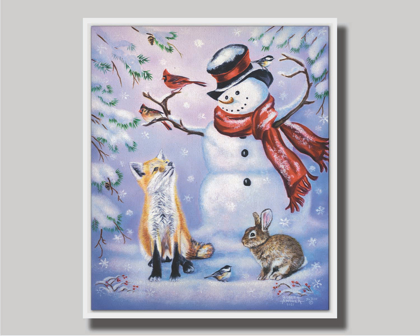 A painting of a snowman, a fox, a rabbit, and a few birds all gathered together, sitting in the snow. Printed on canvas in a float frame.