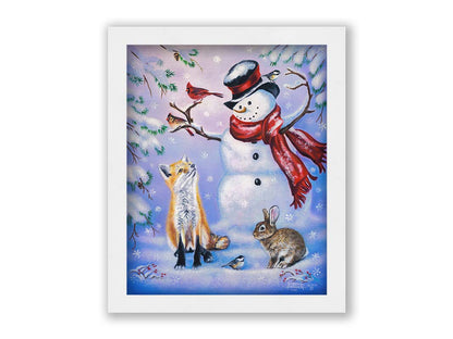 A painting of a snowman, a fox, a rabbit, and a few birds all gathered together, sitting in the snow. Printed on canvas and framed.