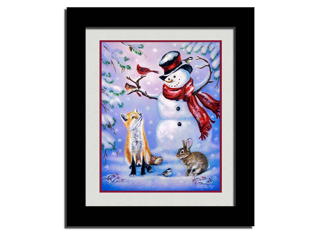 A painting of a snowman, a fox, a rabbit, and a few birds all gathered together, sitting in the snow. Printed on paper, matted, and framed.