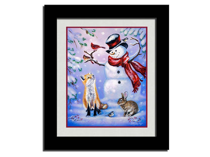 A painting of a snowman, a fox, a rabbit, and a few birds all gathered together, sitting in the snow. Printed on paper, matted, and framed.