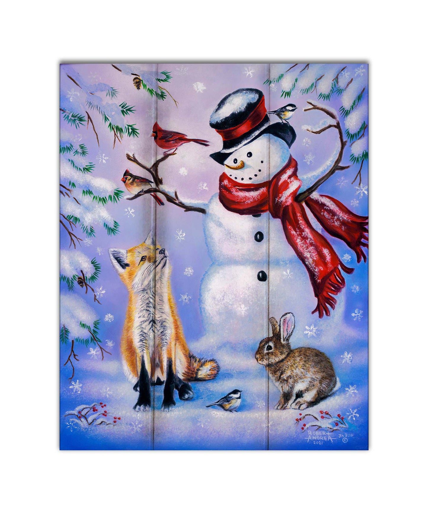 A painting of a snowman, a fox, a rabbit, and a few birds all gathered together, sitting in the snow. Printed on a box board.