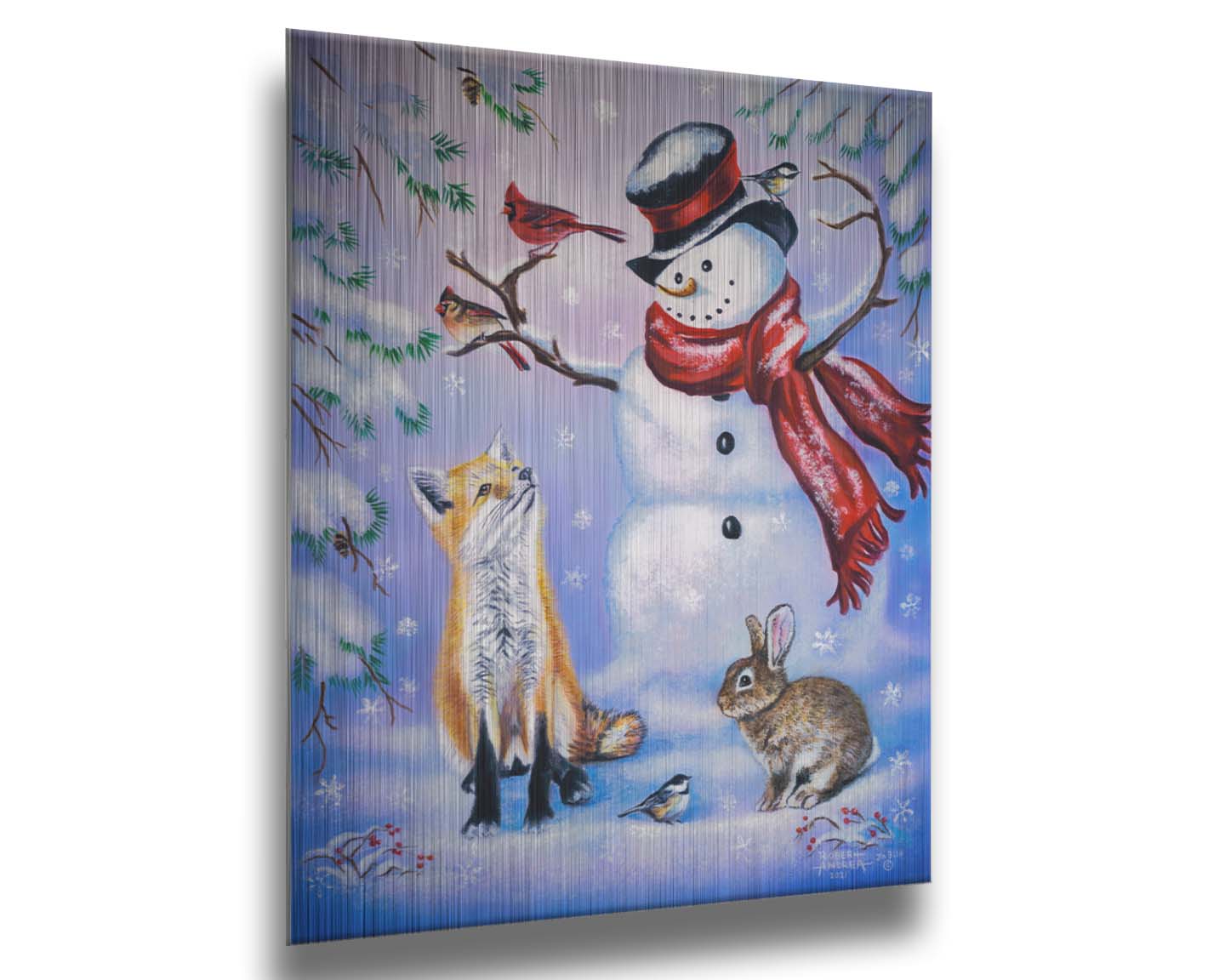 A painting of a snowman, a fox, a rabbit, and a few birds all gathered together, sitting in the snow. Printed on metal.