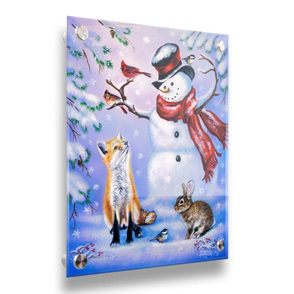 A painting of a snowman, a fox, a rabbit, and a few birds all gathered together, sitting in the snow. Printed on acrylic.