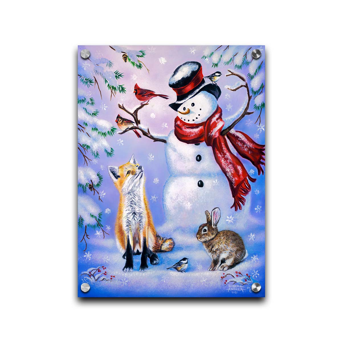 A painting of a snowman, a fox, a rabbit, and a few birds all gathered together, sitting in the snow. Printed on acrylic.