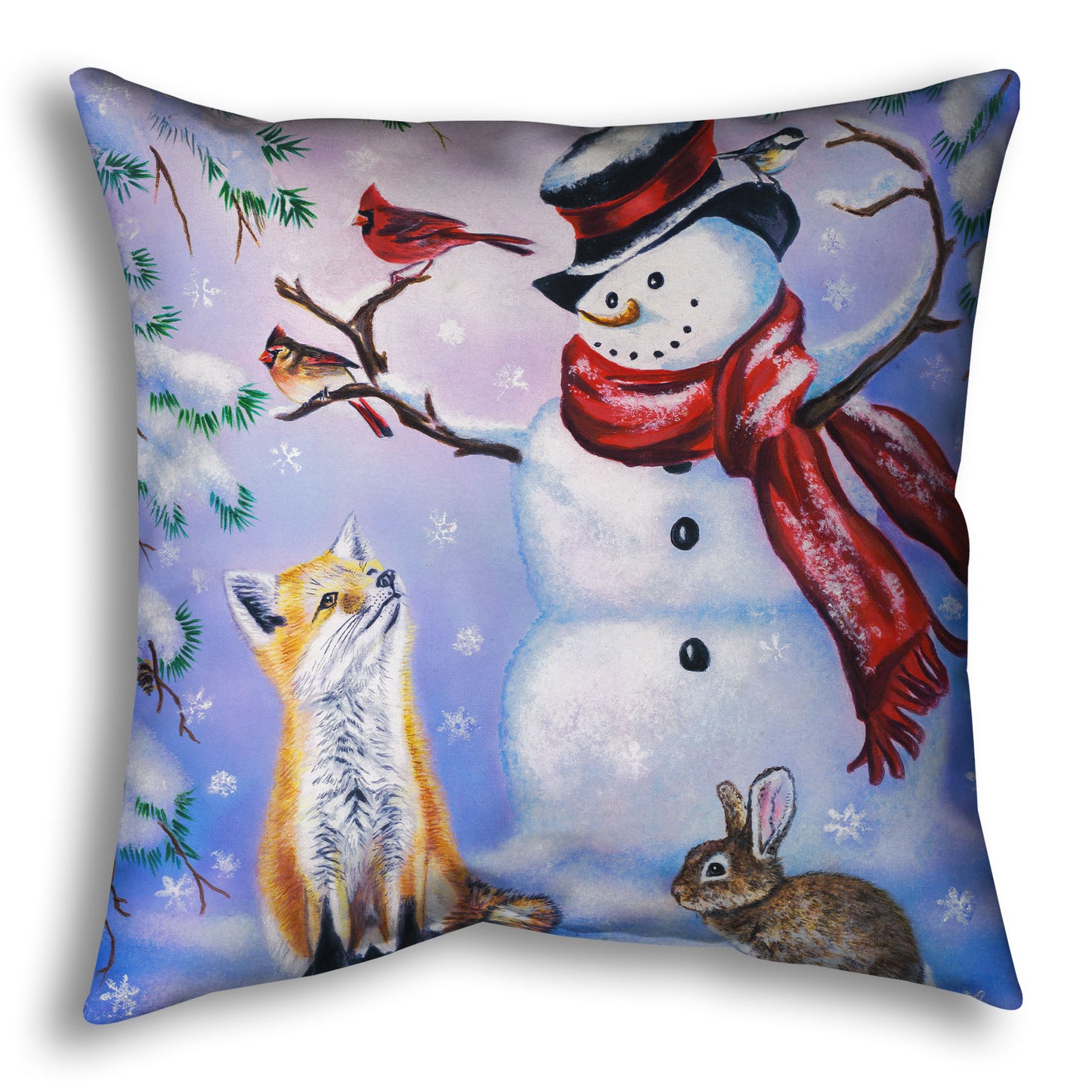 Decorative pillow with a winter scene of a snowman, fox, cardinals, and rabbit around a snowman.