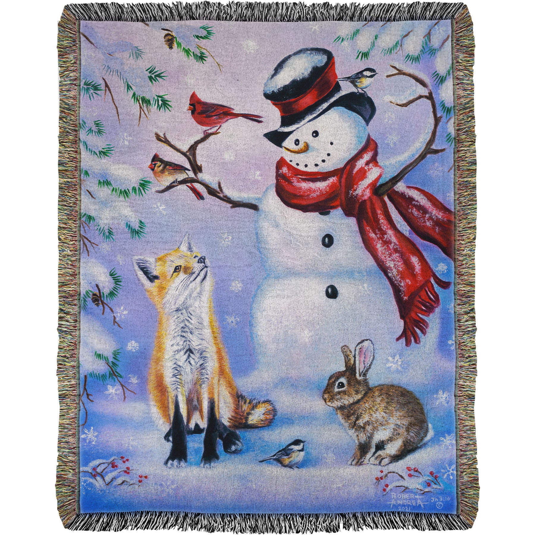 Woven blanket with a winter scene of a snowman, fox, cardinals, and rabbit around a snowman.