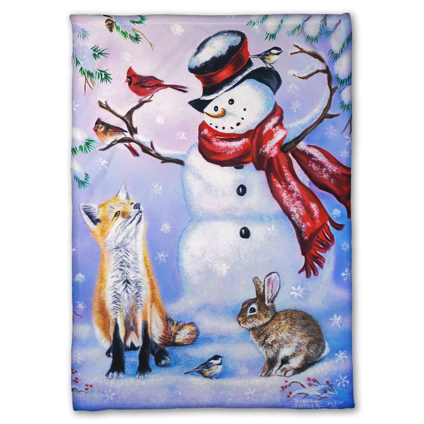 Coral fleece blanket with a winter scene of a snowman, fox, cardinals, and rabbit around a snowman.