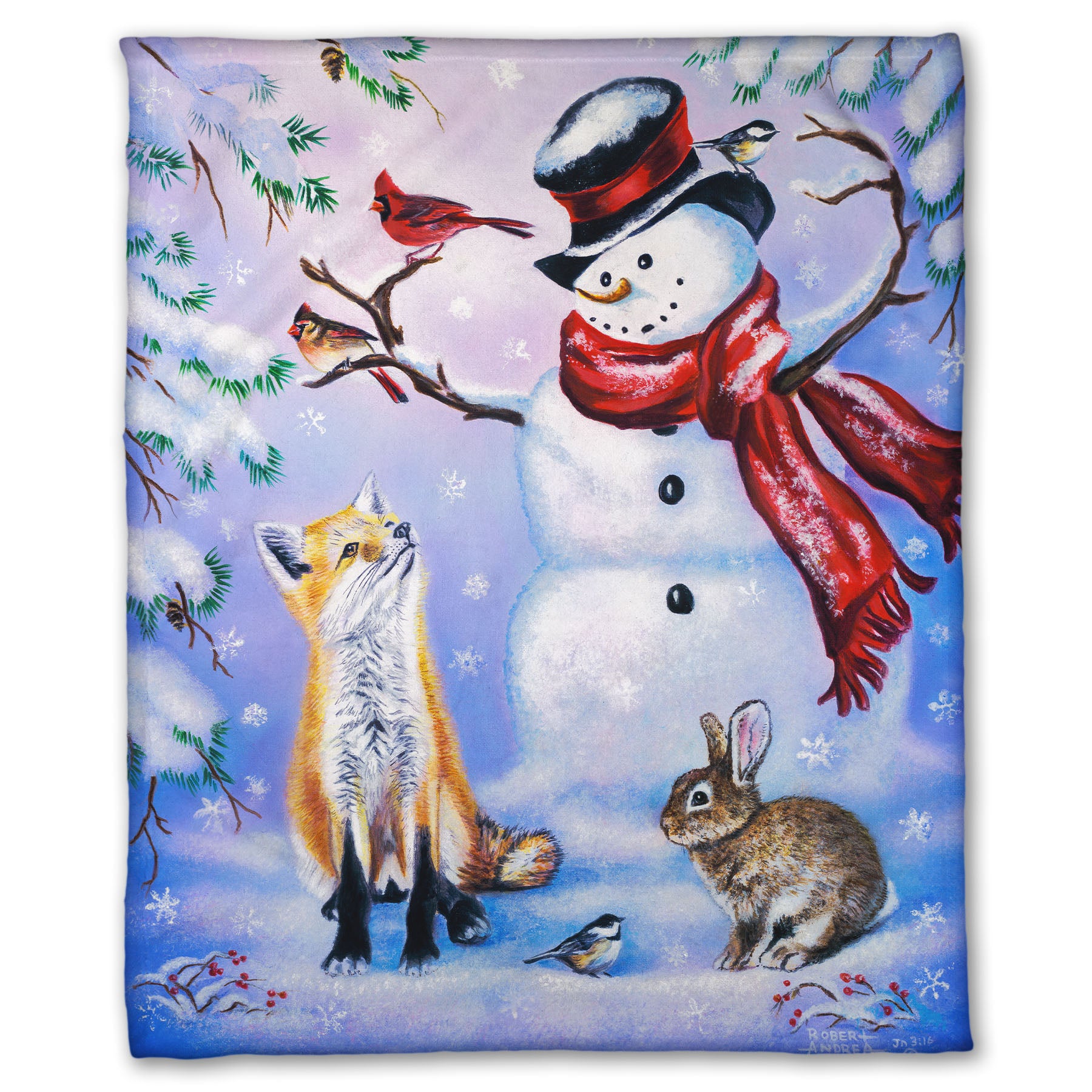Coral fleece blanket with a winter scene of a snowman, fox, cardinals, and rabbit around a snowman.