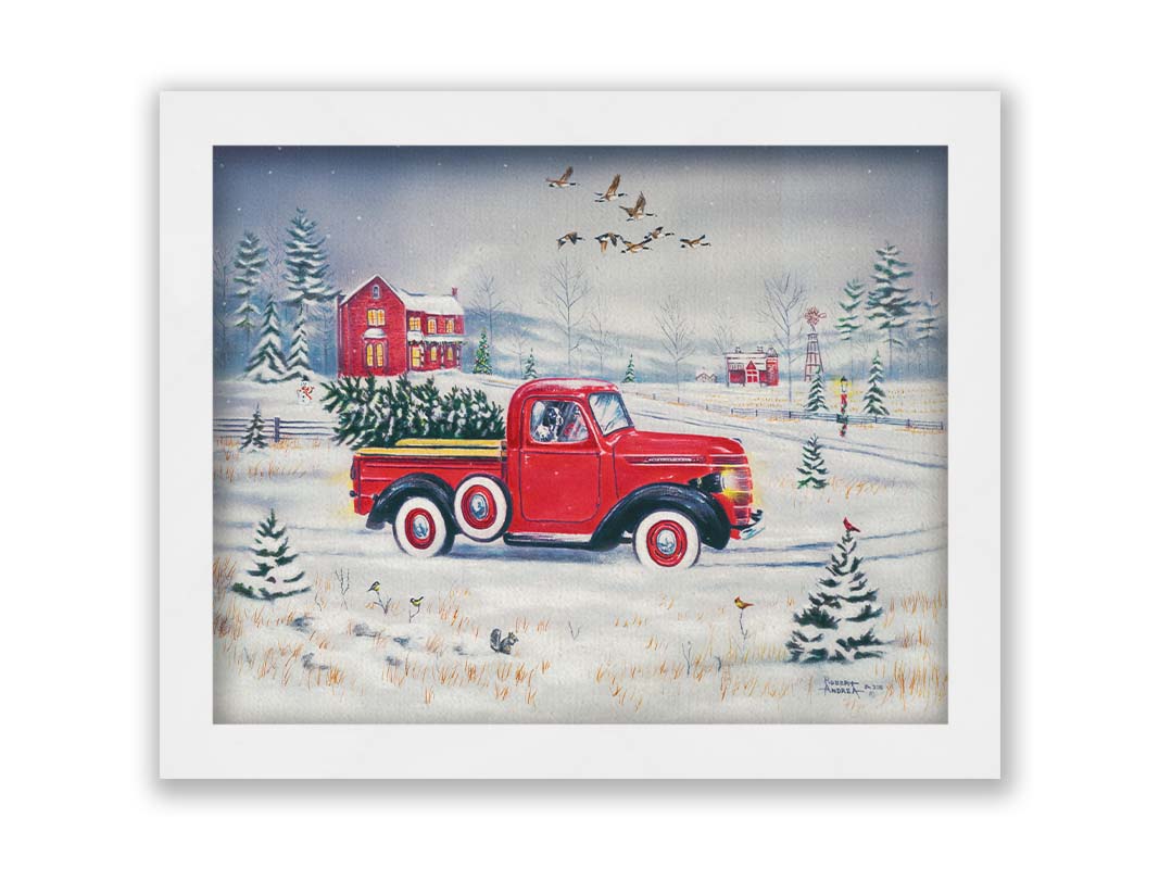 A painting of a vintage red truck, carrying a freshly cut evergreen tree. It is driving toward some red homes in the distance. Geese fly overhead, and birds and squirrels est on the ground near the road. Printed on canvas and framed.