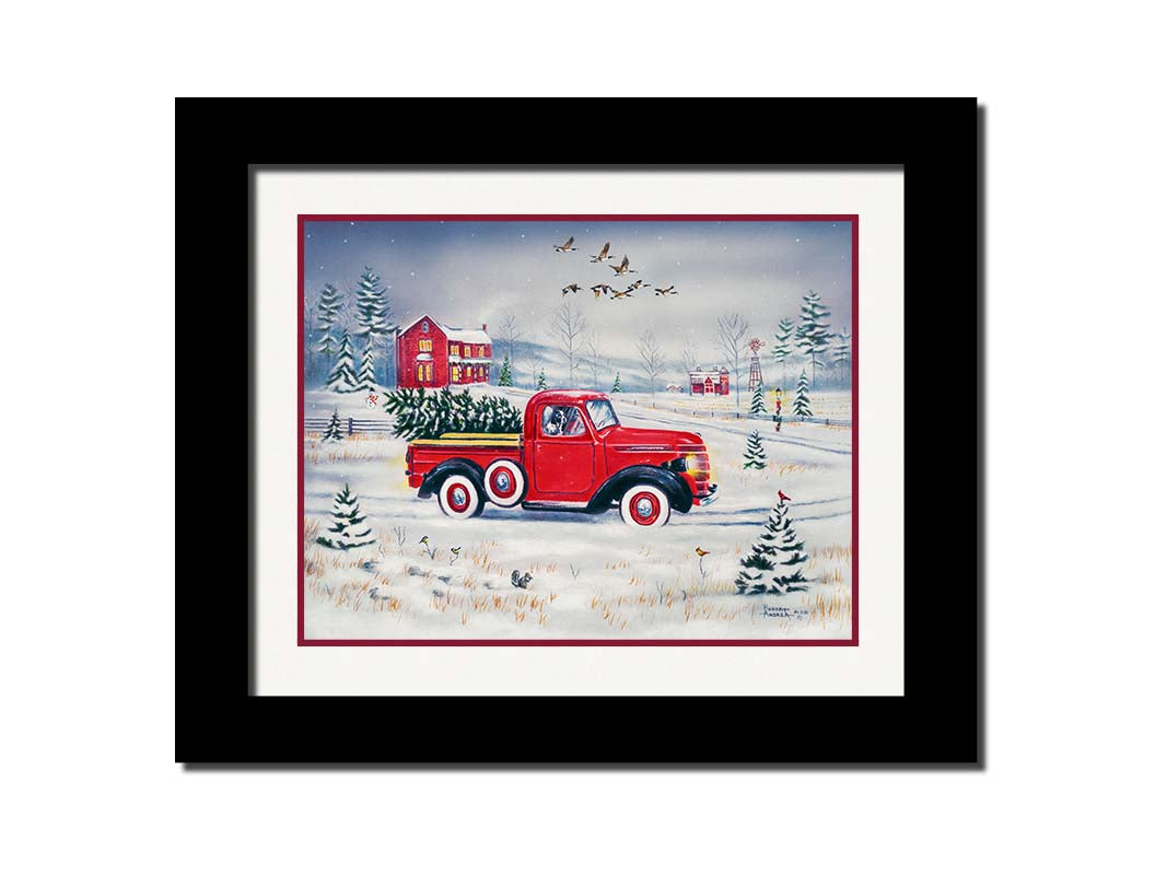 A painting of a vintage red truck, carrying a freshly cut evergreen tree. It is driving toward some red homes in the distance. Geese fly overhead, and birds and squirrels est on the ground near the road. Printed on paper, matted, and framed.