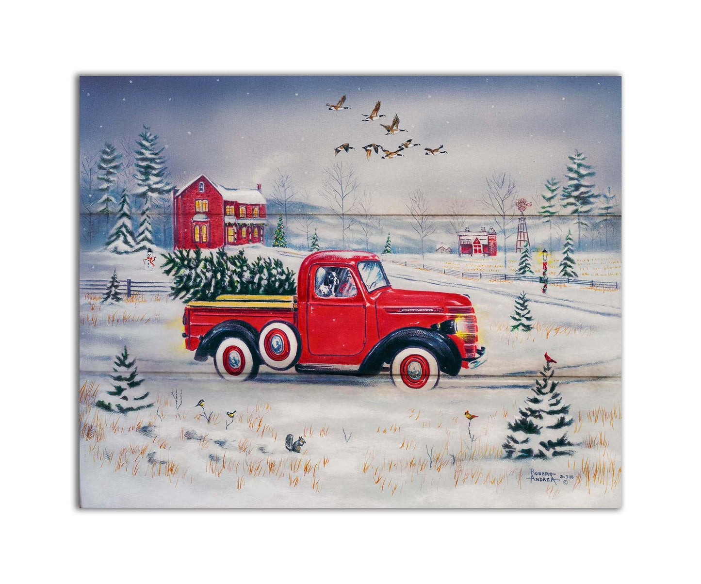 A painting of a vintage red truck, carrying a freshly cut evergreen tree. It is driving toward some red homes in the distance. Geese fly overhead, and birds and squirrels est on the ground near the road. Printed on a box board.