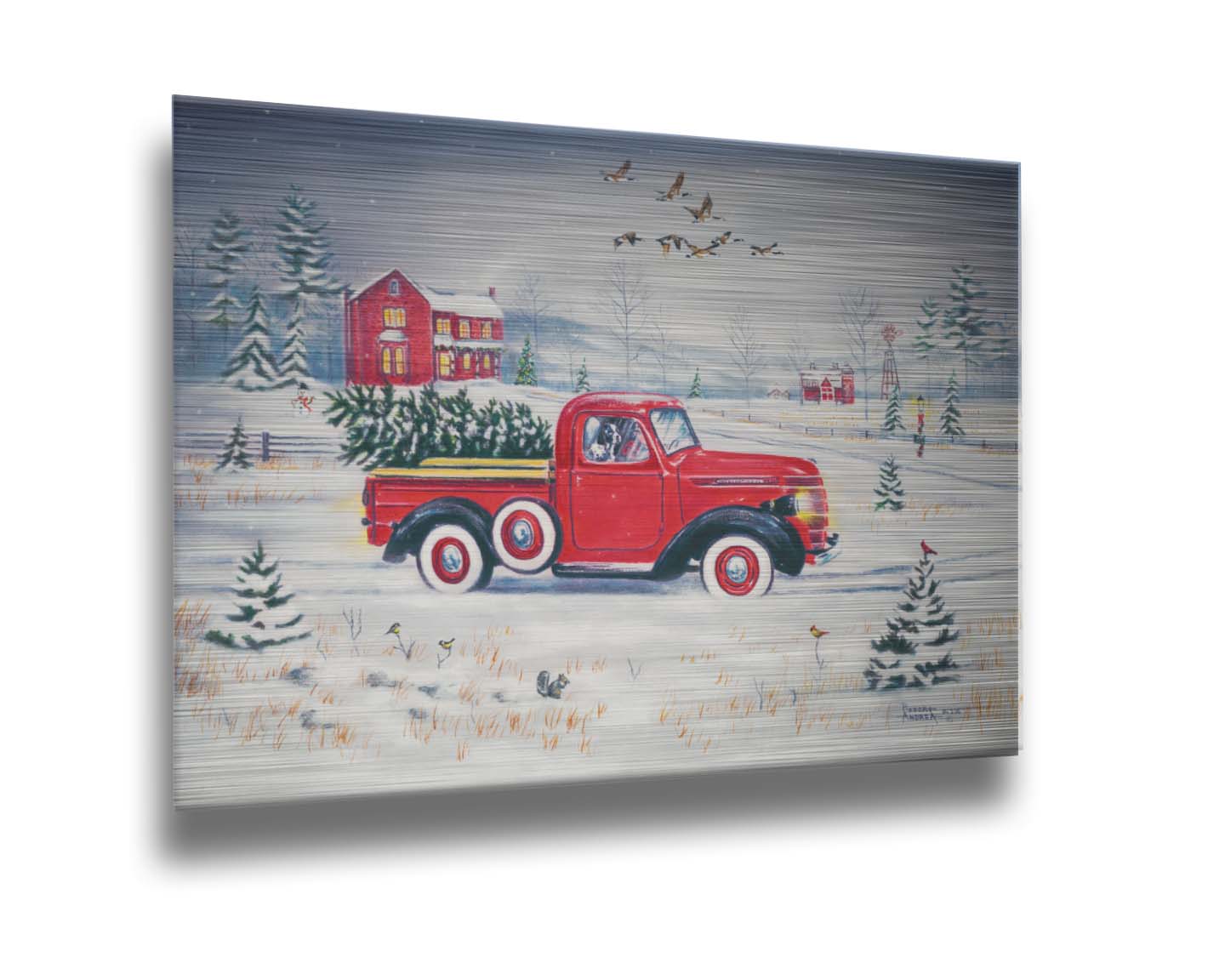 A painting of a vintage red truck, carrying a freshly cut evergreen tree. It is driving toward some red homes in the distance. Geese fly overhead, and birds and squirrels est on the ground near the road. Printed on metal.