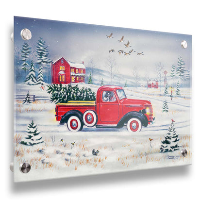 A painting of a vintage red truck, carrying a freshly cut evergreen tree. It is driving toward some red homes in the distance. Geese fly overhead, and birds and squirrels est on the ground near the road. Printed on acrylic.