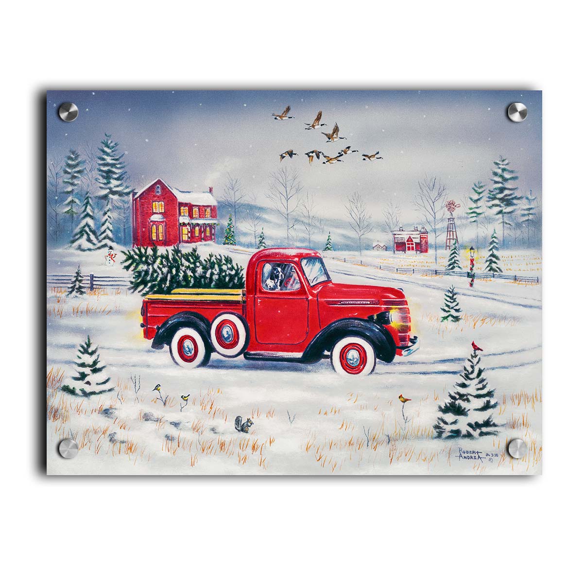 A painting of a vintage red truck, carrying a freshly cut evergreen tree. It is driving toward some red homes in the distance. Geese fly overhead, and birds and squirrels est on the ground near the road. Printed on acrylic.