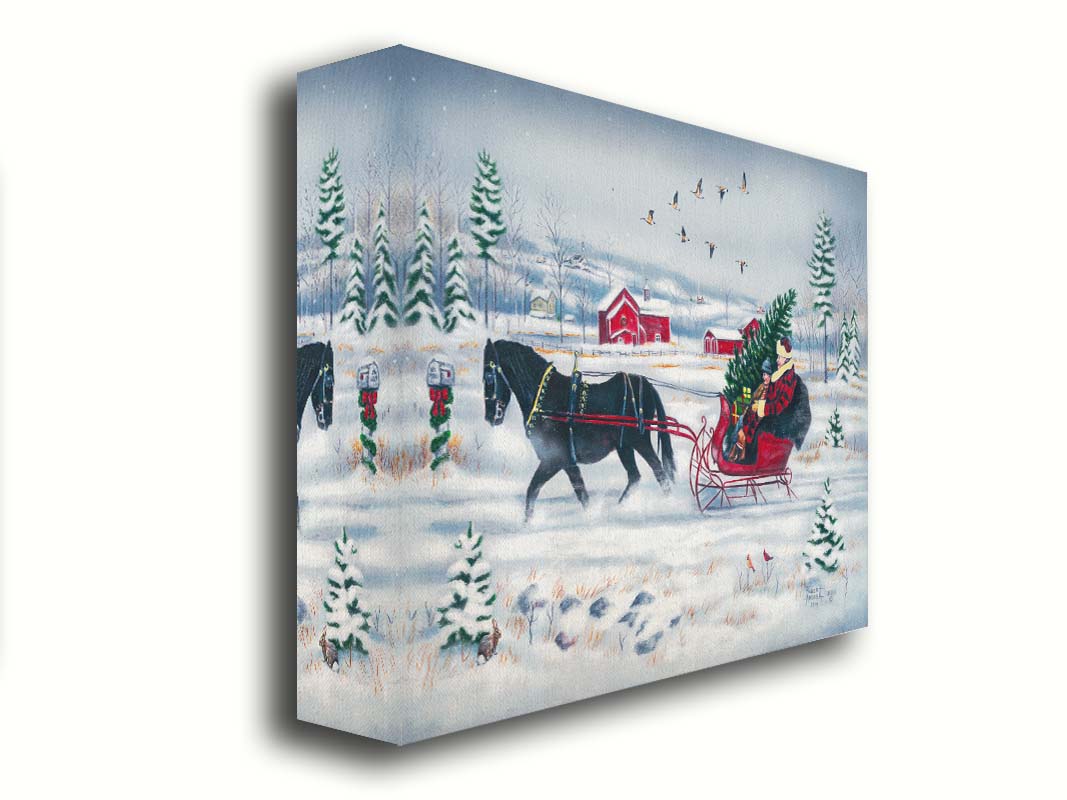 A painting of two people riding a horse-drawn sleigh through the snow, transporting an evergreen tree and gifts, as geese fly overhead. Printed on canvas.