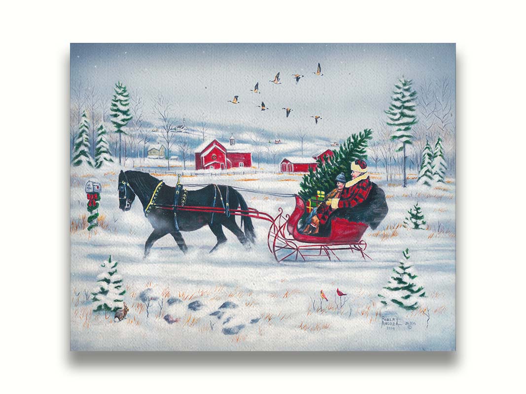 A painting of two people riding a horse-drawn sleigh through the snow, transporting an evergreen tree and gifts, as geese fly overhead. Printed on canvas.