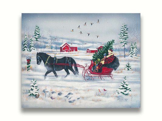 A painting of two people riding a horse-drawn sleigh through the snow, transporting an evergreen tree and gifts, as geese fly overhead. Printed on canvas.