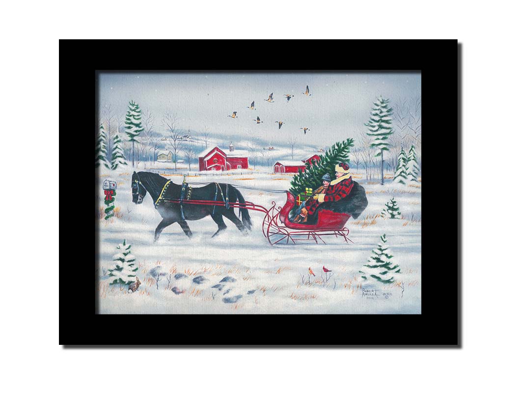 A painting of two people riding a horse-drawn sleigh through the snow, transporting an evergreen tree and gifts, as geese fly overhead. Printed on canvas and framed.