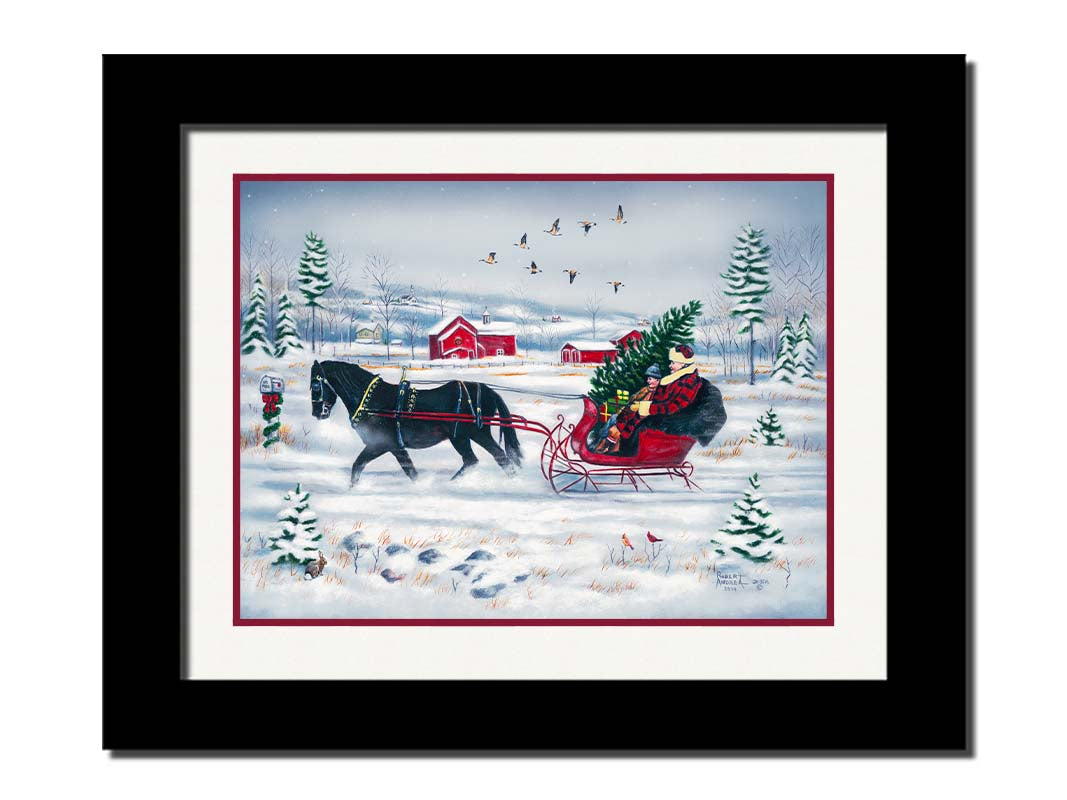 A painting of two people riding a horse-drawn sleigh through the snow, transporting an evergreen tree and gifts, as geese fly overhead. Printed on paper, matted, and framed.