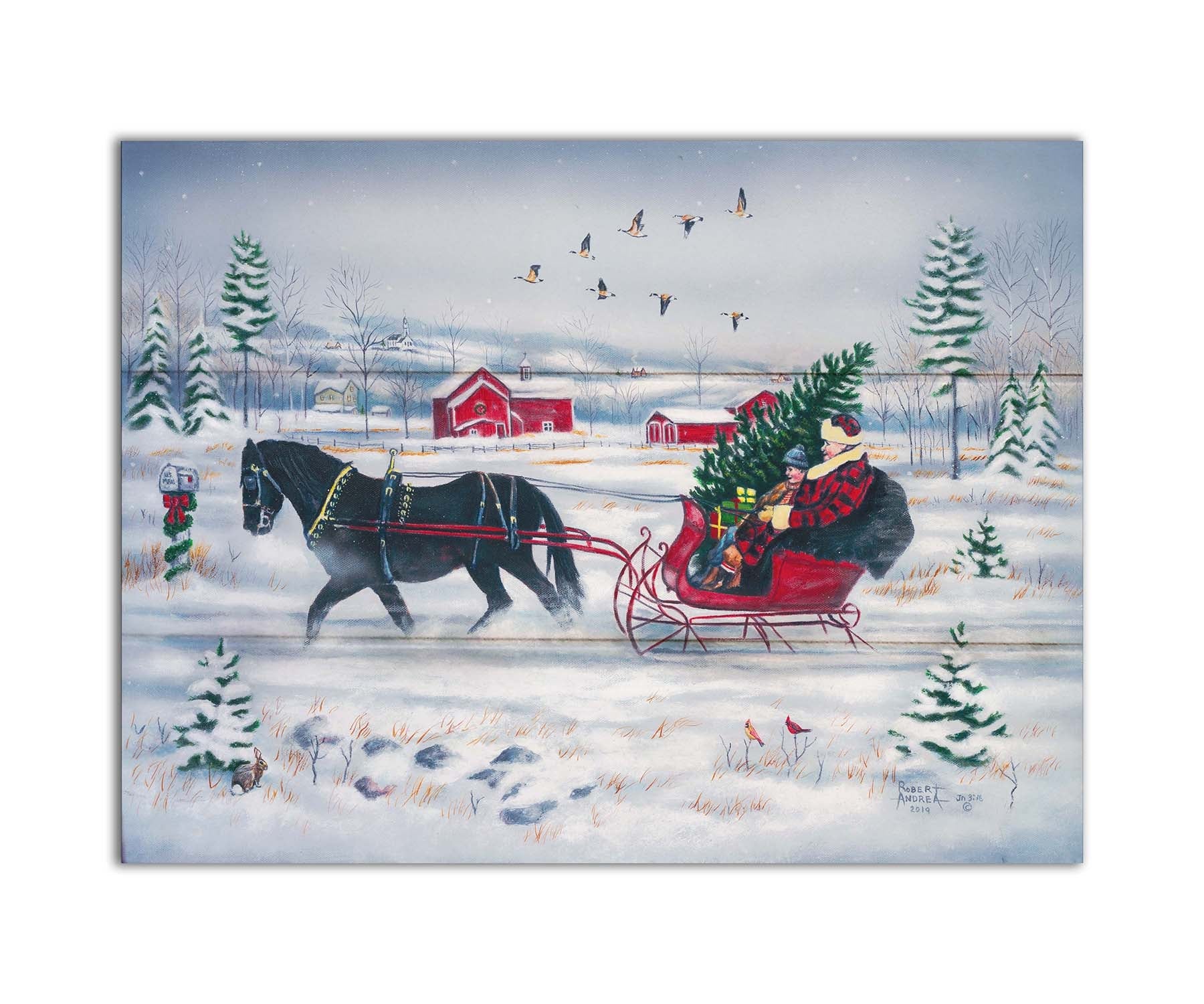 A painting of two people riding a horse-drawn sleigh through the snow, transporting an evergreen tree and gifts, as geese fly overhead. Printed on a box board.