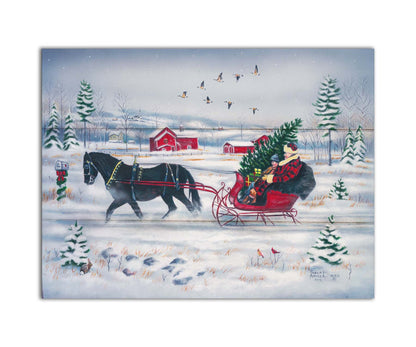 A painting of two people riding a horse-drawn sleigh through the snow, transporting an evergreen tree and gifts, as geese fly overhead. Printed on a box board.