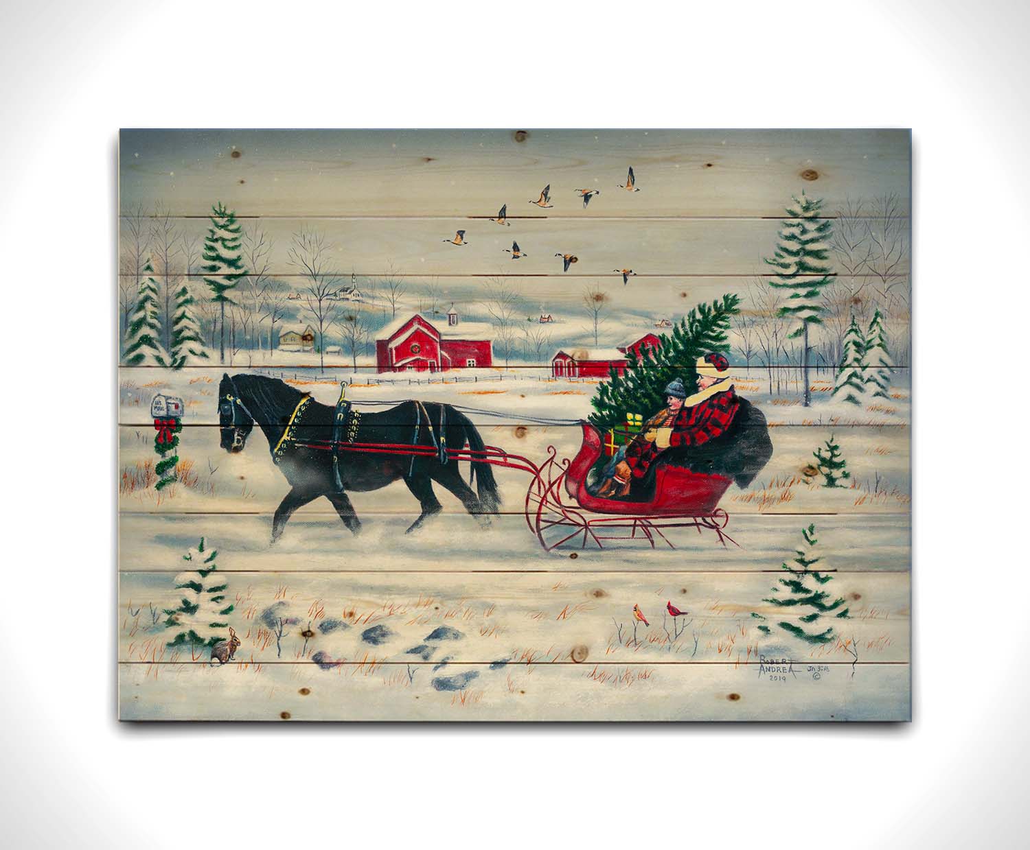 A painting of two people riding a horse-drawn sleigh through the snow, transporting an evergreen tree and gifts, as geese fly overhead. Printed on a wood pallet.