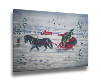 A painting of two people riding a horse-drawn sleigh through the snow, transporting an evergreen tree and gifts, as geese fly overhead. Printed on metal.