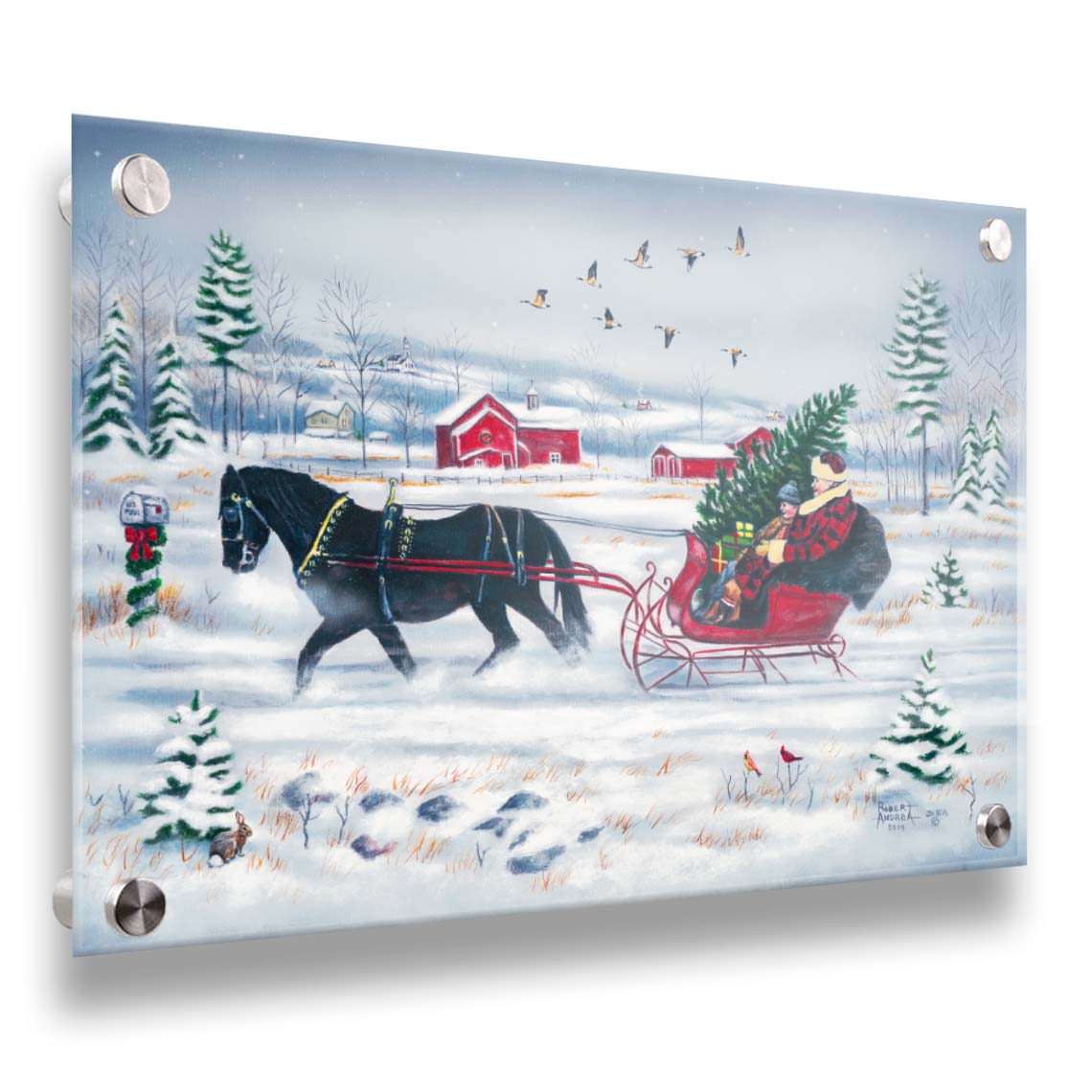 A painting of two people riding a horse-drawn sleigh through the snow, transporting an evergreen tree and gifts, as geese fly overhead. Printed on acrylic.