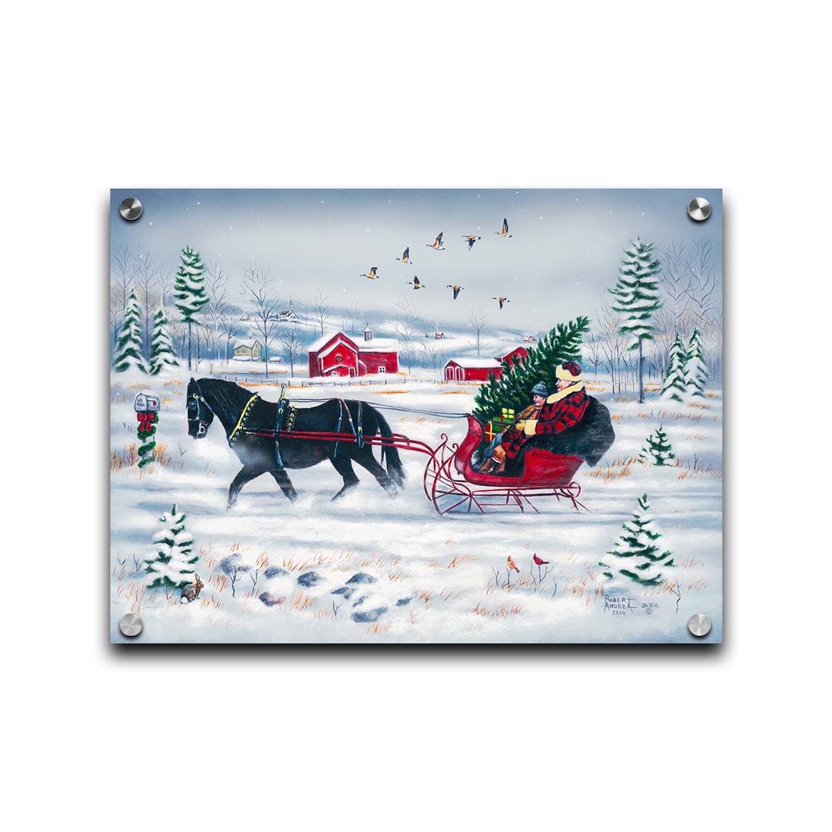 A painting of two people riding a horse-drawn sleigh through the snow, transporting an evergreen tree and gifts, as geese fly overhead. Printed on acrylic.