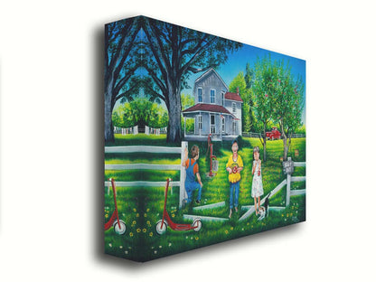 A painting of a group of children sneaking through a broken fence to pick apples off a tree in someone's yard. Printed on canvas.