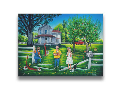 A painting of a group of children sneaking through a broken fence to pick apples off a tree in someone's yard. Printed on canvas.