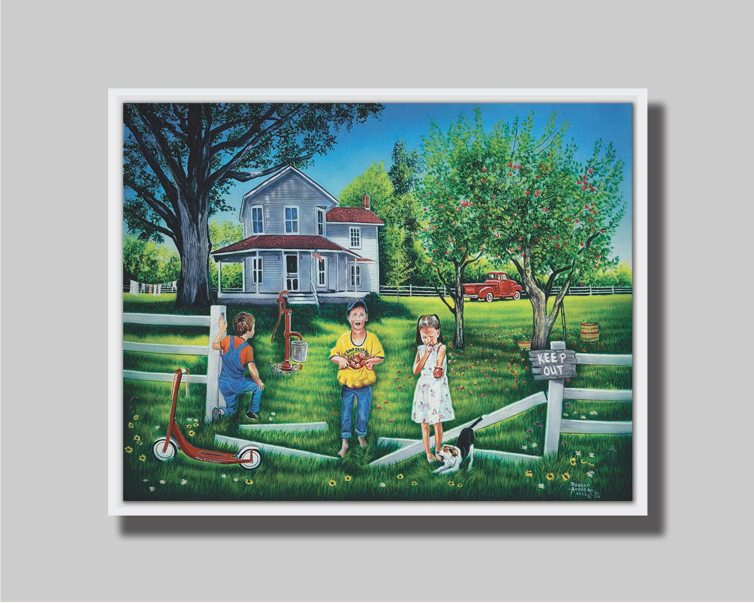 A painting of a group of children sneaking through a broken fence to pick apples off a tree in someone's yard. Printed on canvas in a float frame.