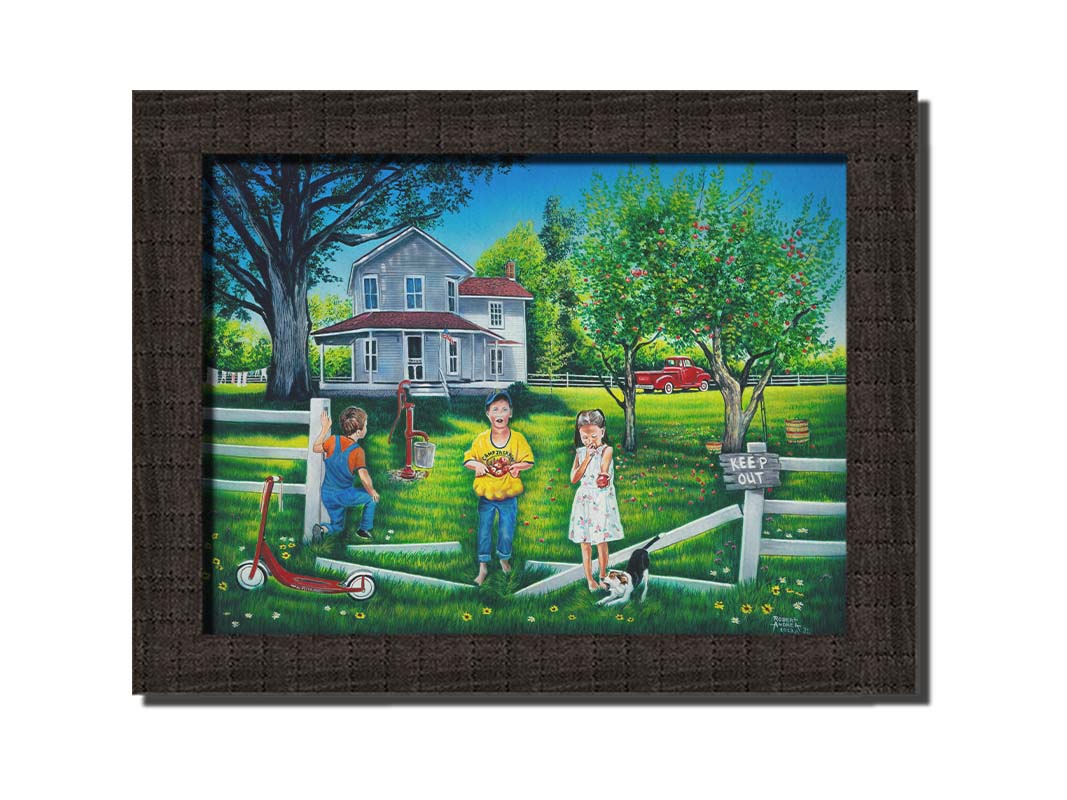 A painting of a group of children sneaking through a broken fence to pick apples off a tree in someone's yard. Printed on canvas and framed.