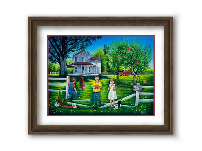 A painting of a group of children sneaking through a broken fence to pick apples off a tree in someone's yard. Printed on paper, matted, and framed.