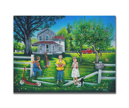 A painting of a group of children sneaking through a broken fence to pick apples off a tree in someone's yard. Printed on a box board.